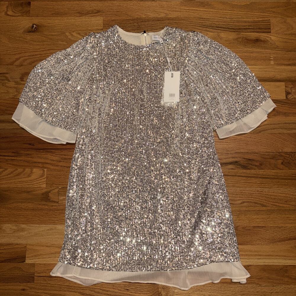 Endless Rose Sequin Shift Dress Flutter Sleeve Size XS NWT $100 Silver - Picture 2 of 10
